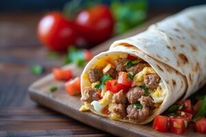 AI generated Sausage and egg breakfast burrito, wrapped in a warm tortilla with salsa and cheese. photo