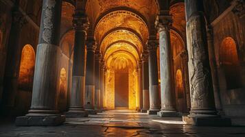 ai generado un laberinto de arcos y columnas, recordativo de antiguo romano arquitectura, conjunto en dramático Encendiendo. foto