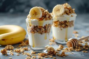 AI generated Greek yogurt parfait, layered with granola, honey, and slices of ripe banana. photo