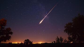 ai generado un meteorito ducha rayado mediante el noche cielo, dejando luminoso caminos en sus despertar. foto