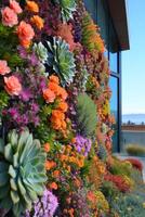 AI generated A tiered garden bed, a vertical oasis featuring cascading flowers and succulents photo