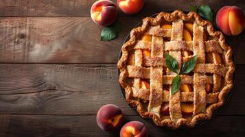 AI generated A rustic, lattice-topped peach pie featuring juicy, ripe peaches in a syrupy filling. photo