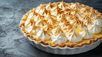 AI generated A lemon meringue pie with a zesty, tangy filling crowned by fluffy, toasted meringue peaks. photo