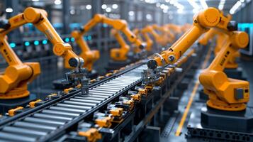 AI generated An assembly line in motion, illustrating the precision and efficiency of modern manufacturing. photo