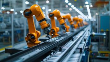 AI generated An assembly line in motion, illustrating the precision and efficiency of modern manufacturing. photo