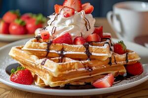 AI generated A stack of waffles topped with whipped cream, strawberries, and a drizzle of chocolate sauce. photo