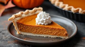 AI generated A velvety pumpkin pie, a beloved fall favorite, topped with a dollop of whipped cream. photo