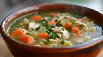 AI generated A steaming bowl of chicken noodle soup, brimming with tender chicken, veggies, and comforting broth. photo