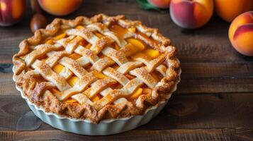 AI generated A rustic, lattice-topped peach pie featuring juicy, ripe peaches in a syrupy filling. photo