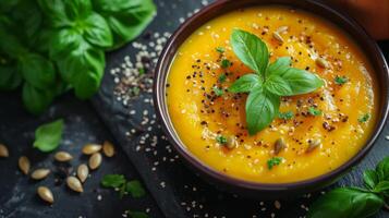 AI generated A vibrant bowl of butternut squash soup, velvety and garnished with roasted seeds. photo