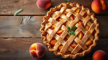 AI generated A rustic, lattice-topped peach pie featuring juicy, ripe peaches in a syrupy filling. photo