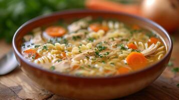 ai generado un humeante cuenco de pollo fideos sopa, rebosante con oferta pollo, verduras, y consolador caldo. foto