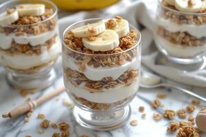 AI generated Greek yogurt parfait, layered with granola, honey, and slices of ripe banana. photo