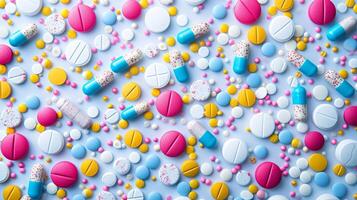 AI generated Geometric patterns formed by colorful pills and capsules, representing pharmaceutical innovation. photo