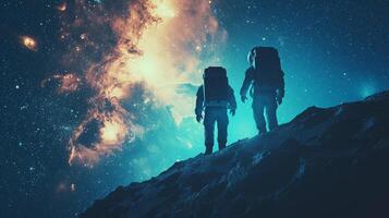 AI generated Astronauts on a spacewalk, silhouetted against the backdrop of the cosmos. photo