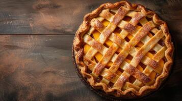 AI generated A rustic, lattice-topped peach pie featuring juicy, ripe peaches in a syrupy filling. photo