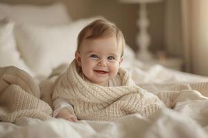 AI generated A Delightful Morning Scene, Adorable Baby Laughter in Bed photo
