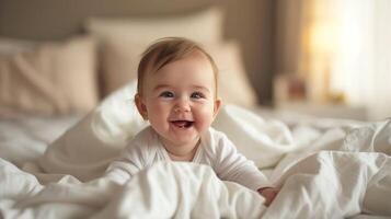 ai generado un encantador Mañana escena, adorable bebé la risa en cama foto
