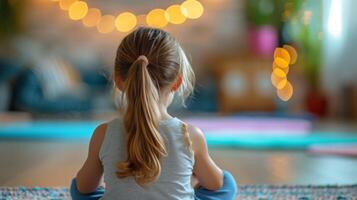 AI generated A little girl counts by bending her fingers. modern room from behind blurred background photo