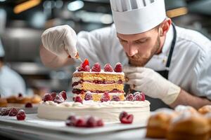 ai generado un Maestro Pastelería cocinero intrincadamente decorando un multicapa pastel con precisión y instinto foto