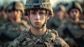 ai generado un masculino soldado vistiendo lleno militar uniforme y un casco foto