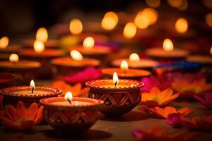 AI Generated Colorful clay diya lamps lit during diwali celebration photo