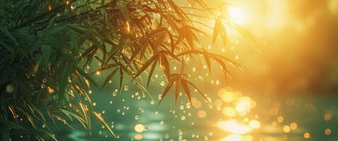 AI generated bamboo plants with dew droplets in sunlight photo