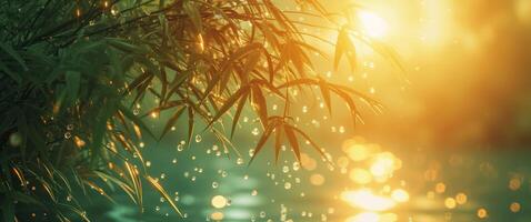 ai generado bambú plantas con Rocío gotas en luz de sol foto