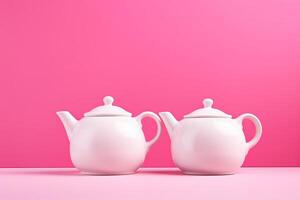 AI Generated Two white porcelain teapots lying on a pink background. photo