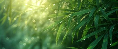 AI generated bamboo plants with dew droplets in sunlight photo