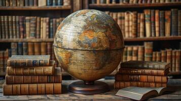 AI Generated Globe with world map and books on background. Concept of world literature. photo