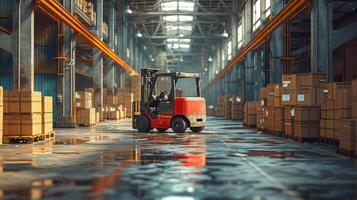 ai generado allí son paletas con cajas en el depósito. allí es un máquina elevadora dentro el almacenamiento hangar. allí son cartulina paquetes en cajas en el depósito. un máquina elevadora es cargando. un entrega foto