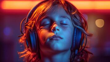 ai generado un aislado retrato de un joven chico escuchando a música por neón luces en un estudio. retrato de un joven chico escuchando a música en neón luces con su ojos cerrado. foto