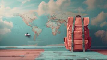 AI Generated A backpack with an airplane on a colorful background. It is a concept for World Tourism Day. photo
