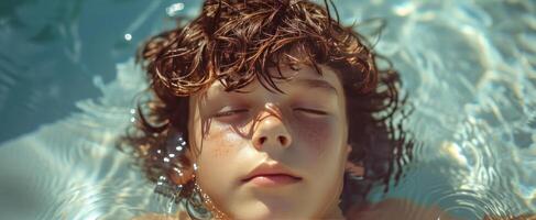 AI generated a young boy with curly hair in a swimming pool photo