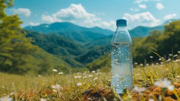 ai generado describiendo un botella de puro agua con un montañoso fondo foto