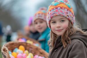 AI generated Children and adults eagerly preparing for an Easter egg hunt photo