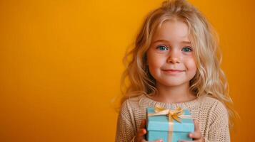 AI generated A young blonde girl holding a gift box in a studio with a yellow background photo