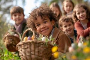 ai generado niños y adultos ansiosamente preparando para un Pascua de Resurrección huevo cazar foto