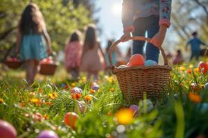 ai generado niños y adultos ansiosamente preparando para un Pascua de Resurrección huevo cazar foto