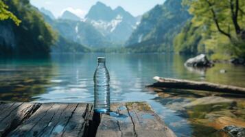 AI generated Describing a Bottle of Pure Water with a Mountainous Backdrop photo