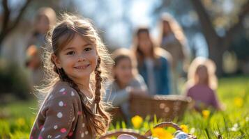 ai generado niños y adultos ansiosamente preparando para un Pascua de Resurrección huevo cazar foto