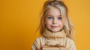 AI generated A young blonde girl holding a gift box in a studio with a yellow background photo