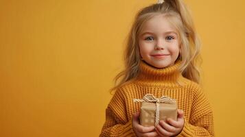 AI generated A young blonde girl holding a gift box in a studio with a yellow background photo