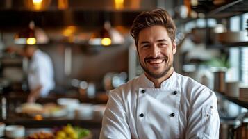 AI generated A young handsome chef looks smiling at the camera photo