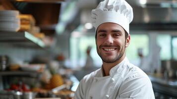 ai generado un joven hermoso cocinero mira sonriente a el cámara foto