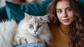 AI generated A young woman is sitting on a beautiful dark blue sofa. A large white fluffy cat lies on her lap photo