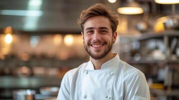 ai generado un joven hermoso cocinero mira sonriente a el cámara foto