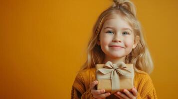 AI generated A young blonde girl holding a gift box in a studio with a yellow background photo