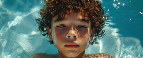 AI generated a young boy with curly hair in a swimming pool photo